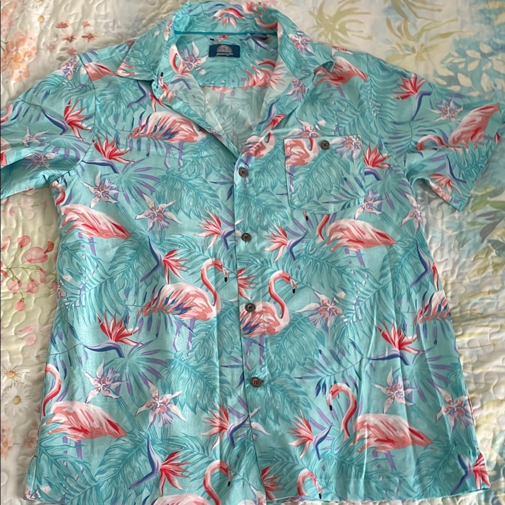 Blue and Pink Casual Button Down Shirt with Tropical Flamingo Design